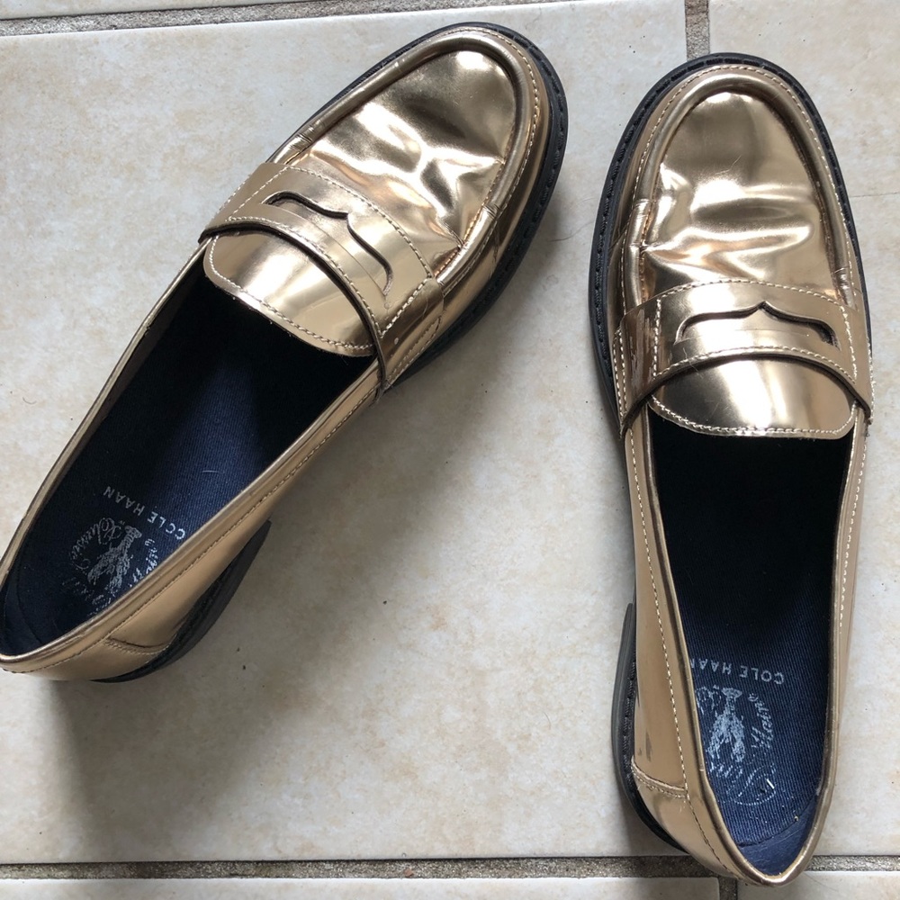 Cole Haan Metallic Gold Pinch Penny Loafers